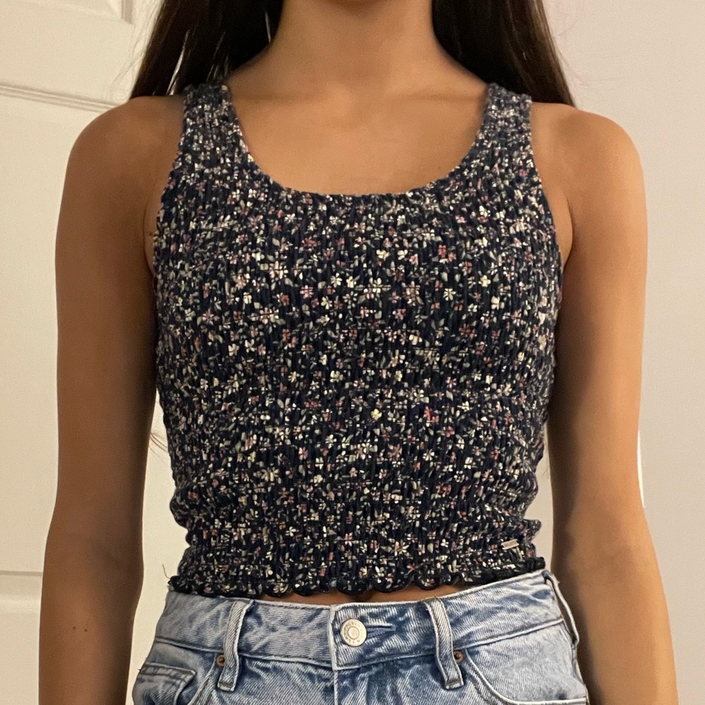 Hollister navy blue flower tank top size small